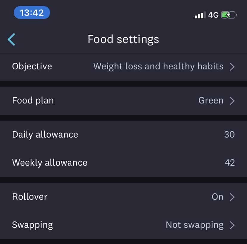 Food settings in Weight Watchers App