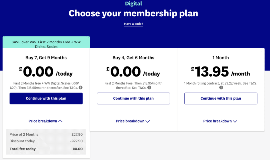 Weight Watchers price plans