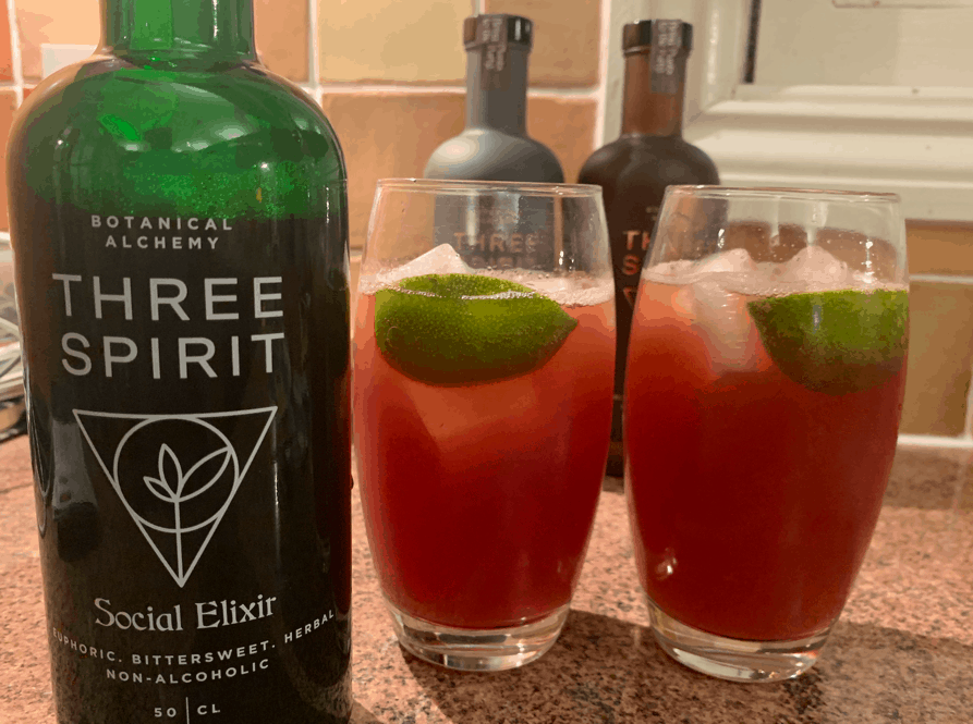 Three Spirit bottle and drinks