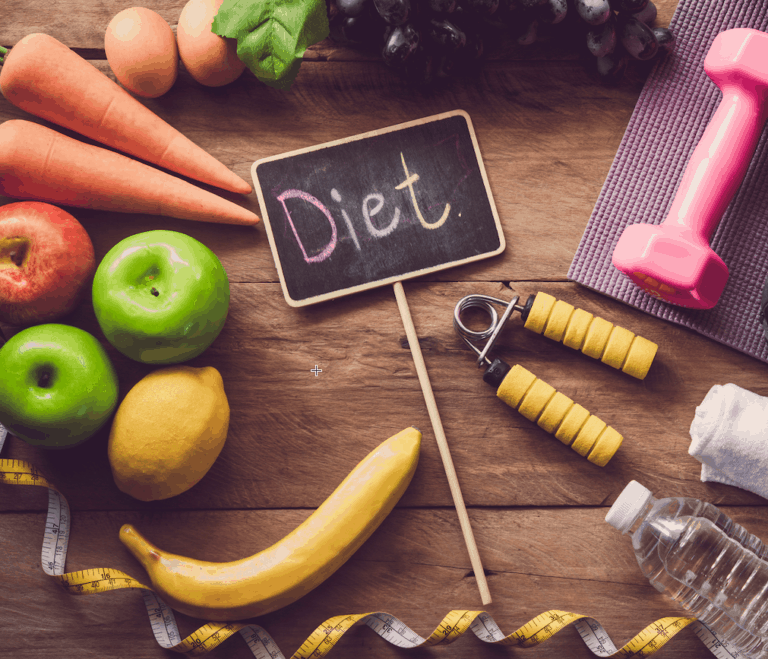 Healthy food on table with diet sign