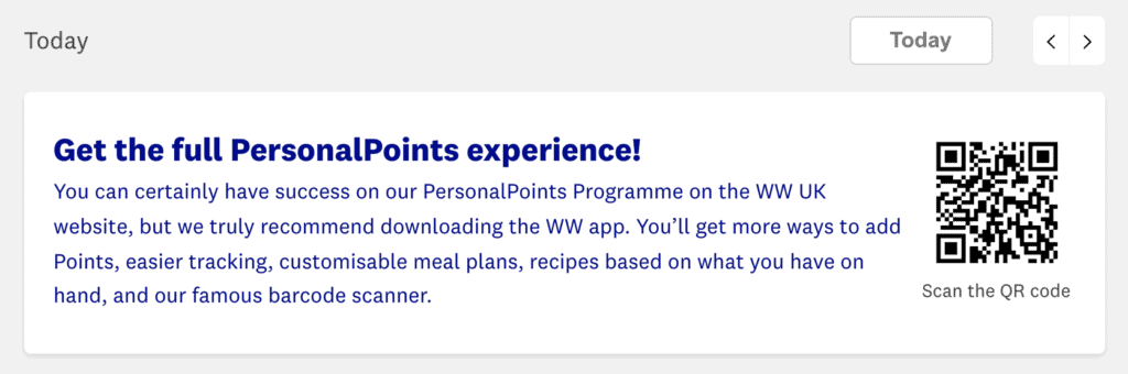 Screenshot from Weight Watchers website advising you to use the mobile app