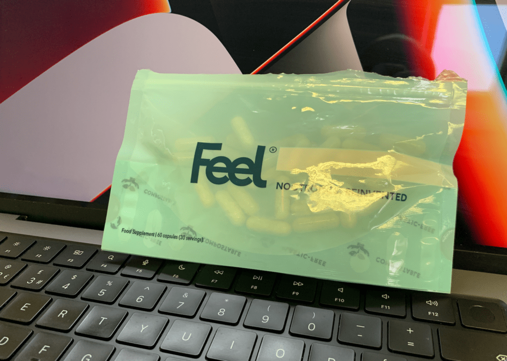 Feel supplements packet on laptop